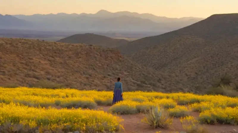 Figura solitaria en un valle al atardecer