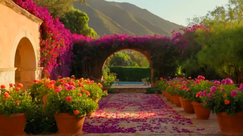 Sereno atardecer en un jardín de hacienda