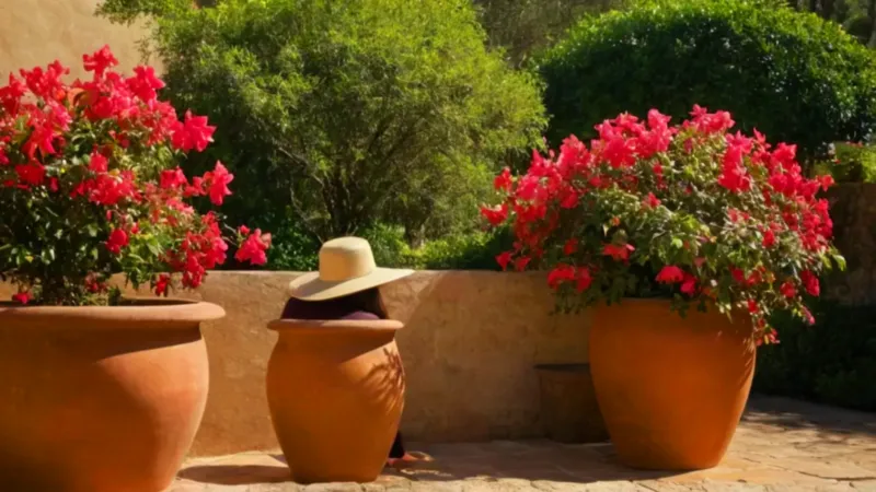 Una figura riega flores bajo el sol