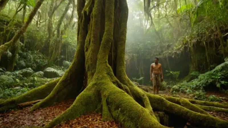 Un hombre ante la majestuosa selva