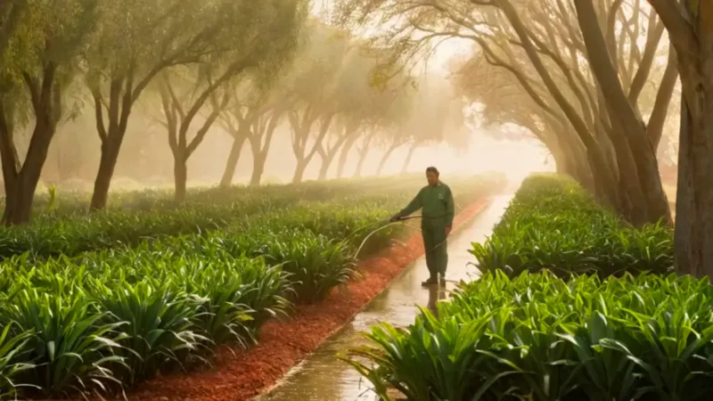 Una figura riega las plantas del vivero
