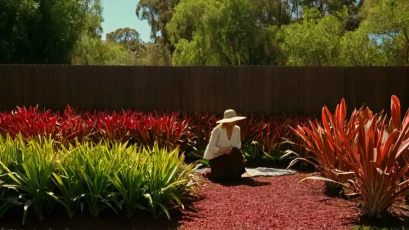 Mujer cuidando plantas en un jardín soleado