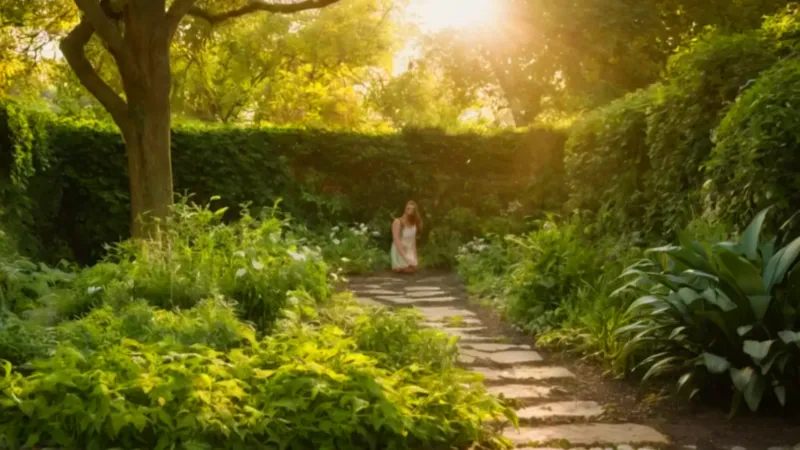 Persona cuida su jardín en el atardecer