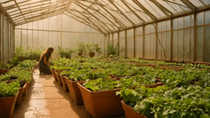 Una persona cuida plantas en un invernadero