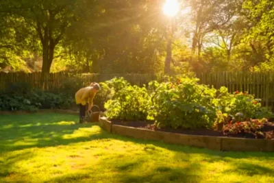 Una persona cuida fresas en el jardín