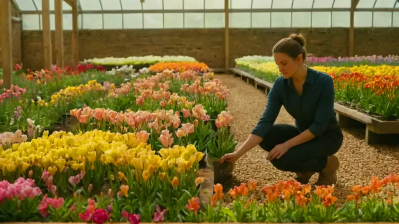 Mujer cuida flores en un invernadero soleado