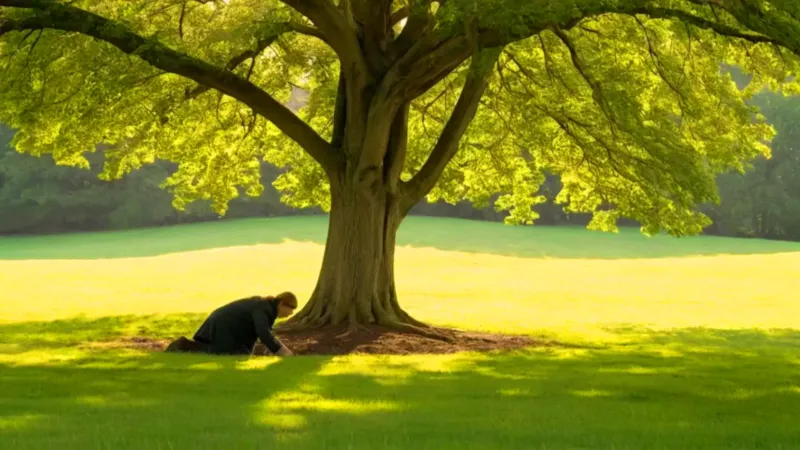 Alguien examina la tierra junto al árbol