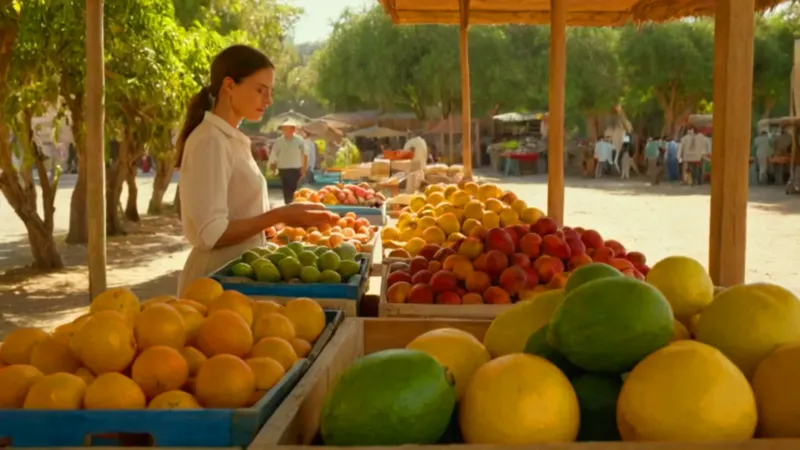 Mujer compra fruta en el mercado soleado