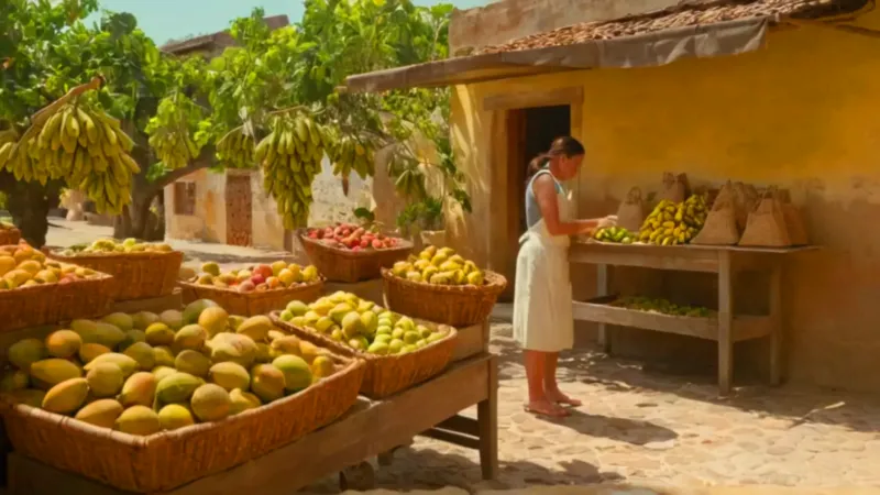 Mujer en un soleado puesto de frutas