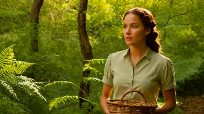 Mujer con frutas en el bosque dorado