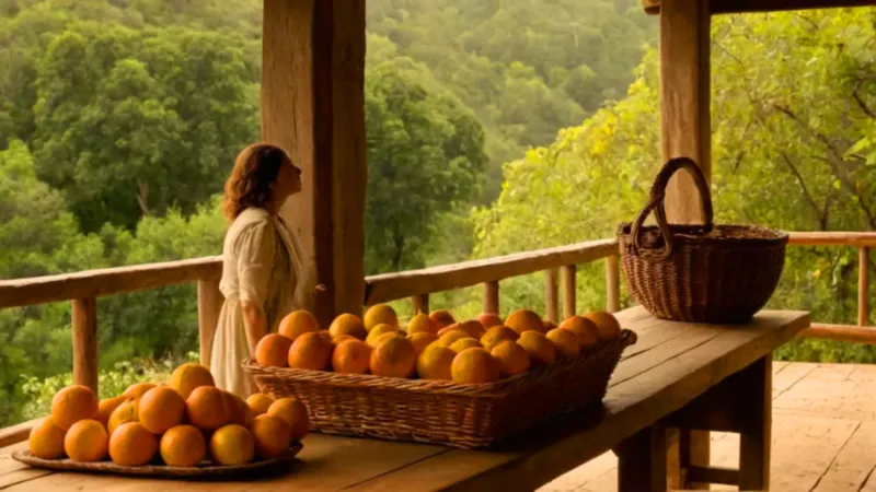 Escena rústica de mujer ordenando fruta