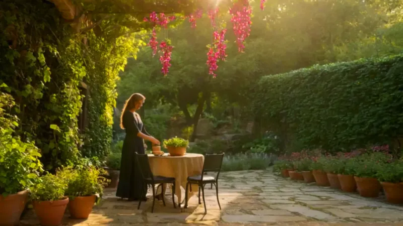 Mujer sostiene una planta en un patio