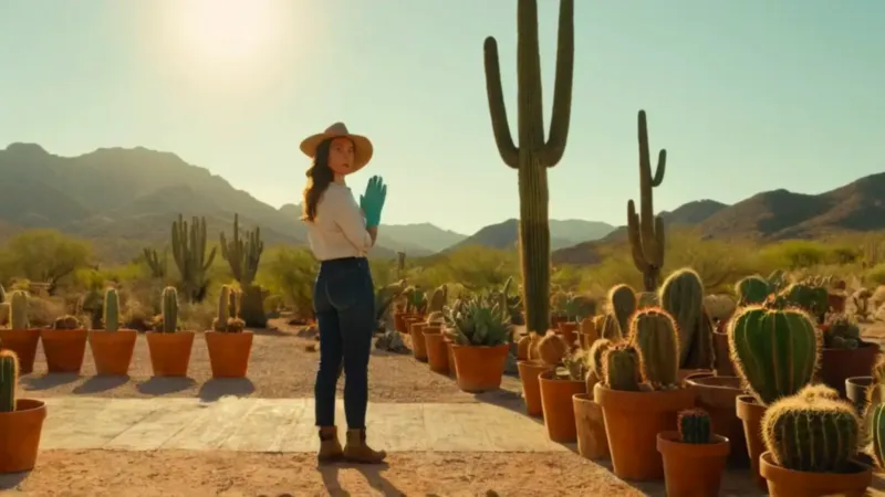 Persona cuida cactus en un vivero soleado