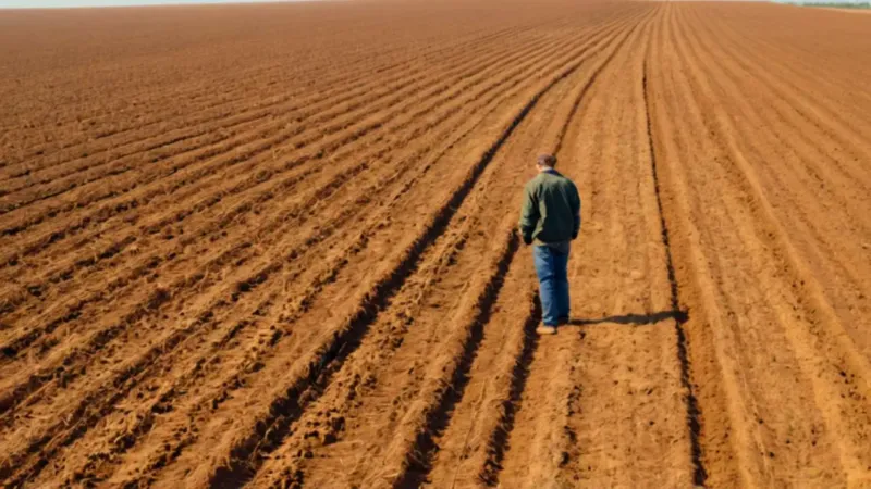 Un agricultor siembra solo al atardecer