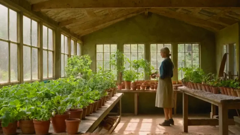 Persona cuidando plantas en un invernadero