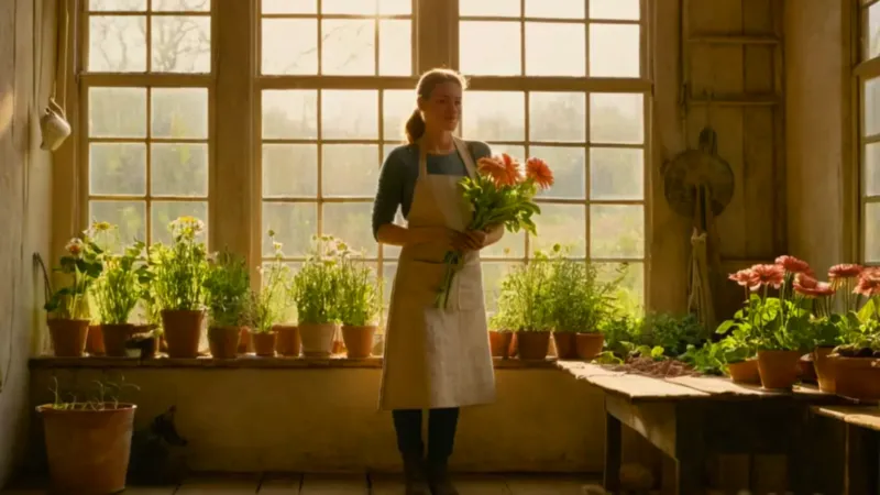 Mujer trabaja con flores en un invernadero