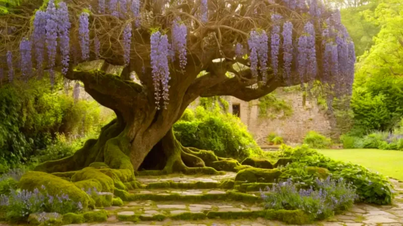 Mujer contempla la antigua glicina en flor