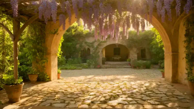 Mujer contempla la luz bajo las flores