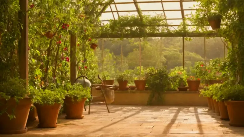 Una persona cuida plantas en un invernadero