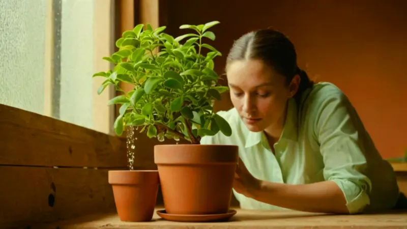 Alguien riega una planta a contraluz