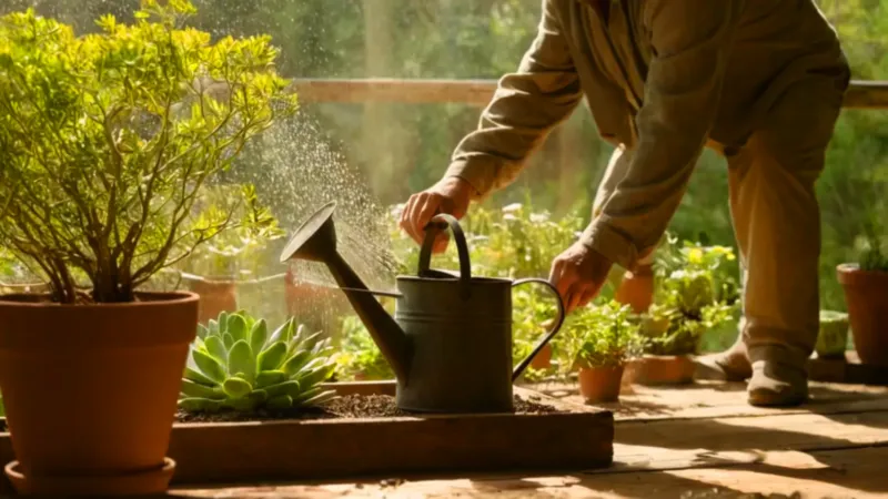 Un jardinero riega sus plantas suculentas