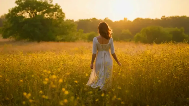 Mujer en un campo al atardecer