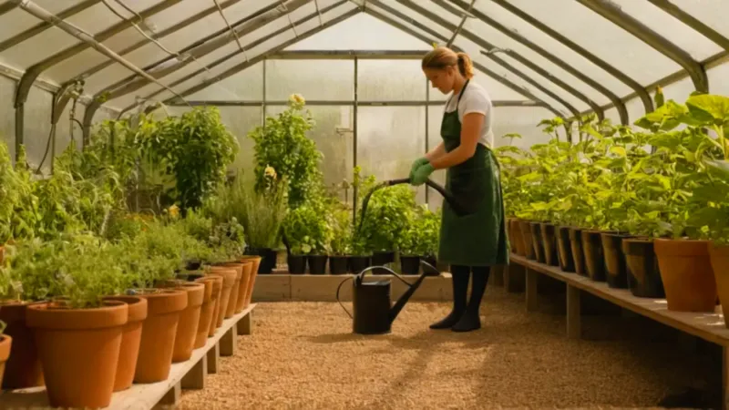 Una persona cultiva plantas en un invernadero