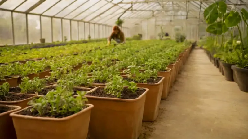 Persona cuida plantas en un invernadero