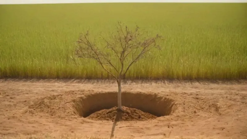 Una figura siembra vida en tierra seca
