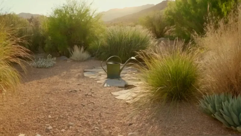 Alguien riega una planta en jardín seco