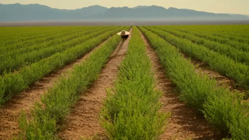 Campesino solitario en un campo al atardecer