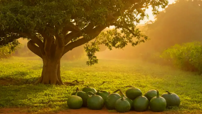 Persona tocando un fruto al atardecer