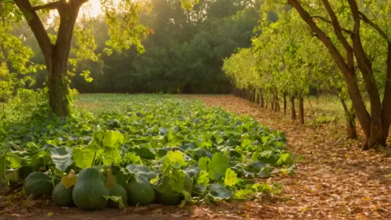 Figura arrodillada entre calabazas