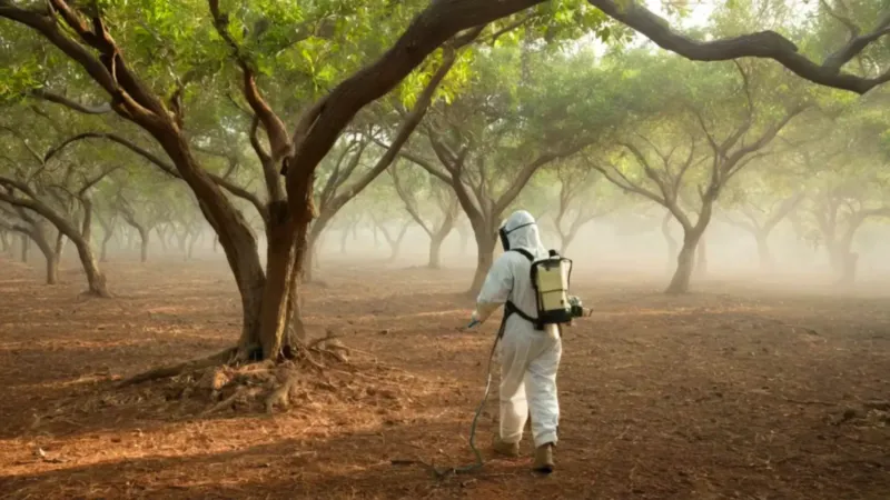 Un operario fumiga un huerto
