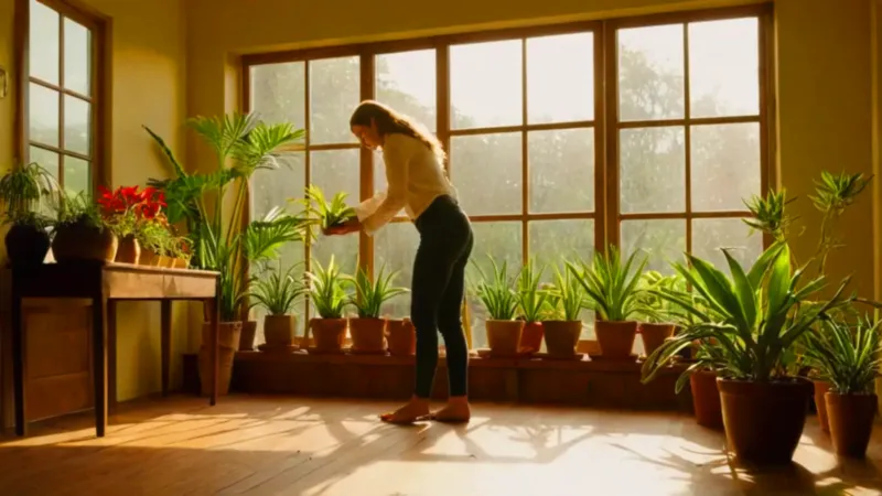 Mujer a contraluz cuidando una planta