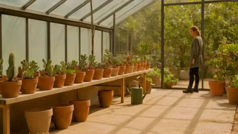 Alguien cuida plantas dentro del invernadero