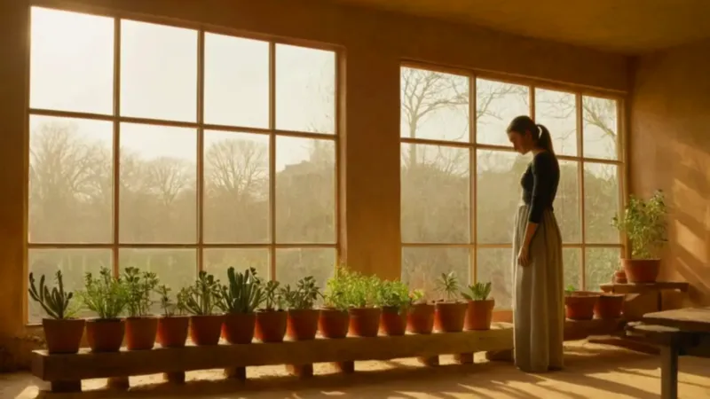 Una figura cuida sus plantas al sol