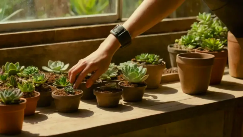 Persona cuidando plantas en un invernadero