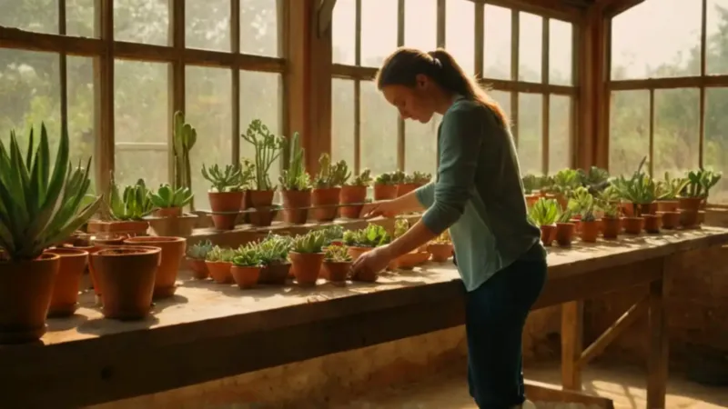 Cuidando plantas en un invernadero soleado