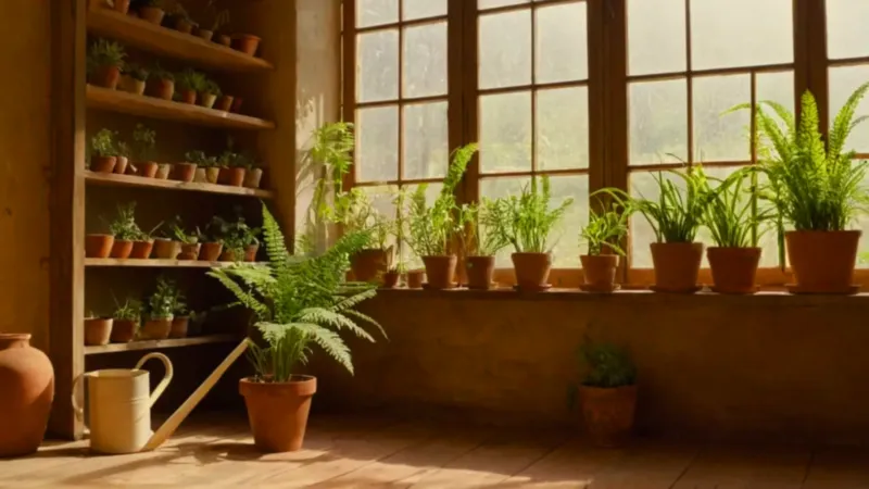 Persona cuida plantas en un taller soleado