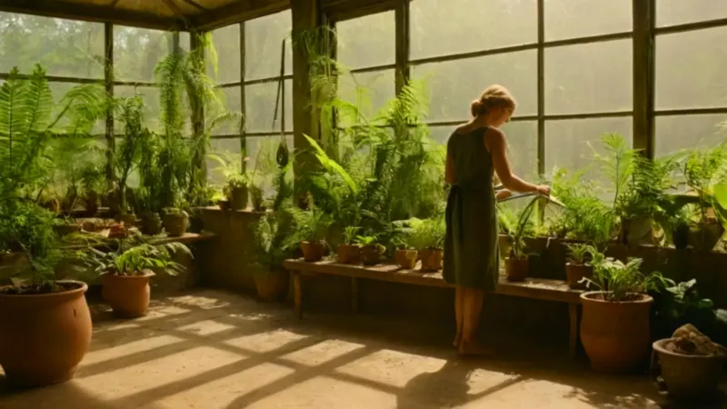 Jardinero cuida sus plantas en el invernadero
