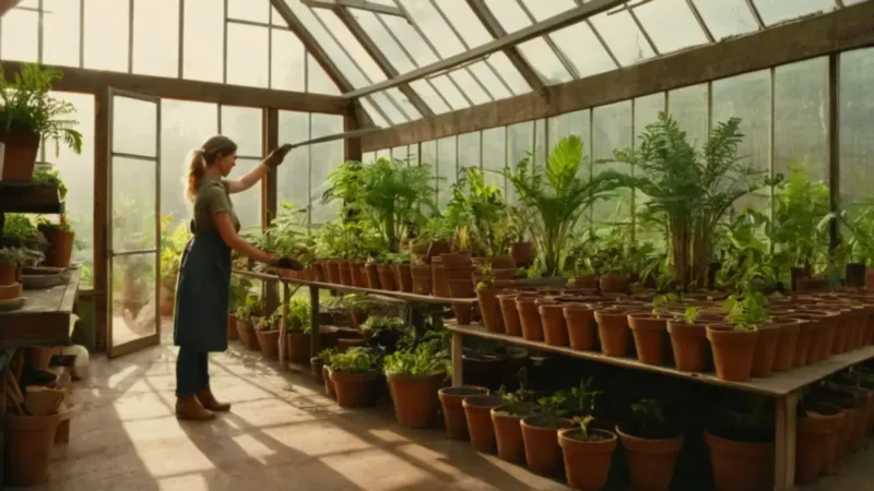 Una persona cuida plantas en un invernadero