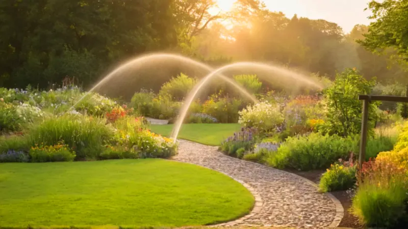 Persona regando un jardín al atardecer