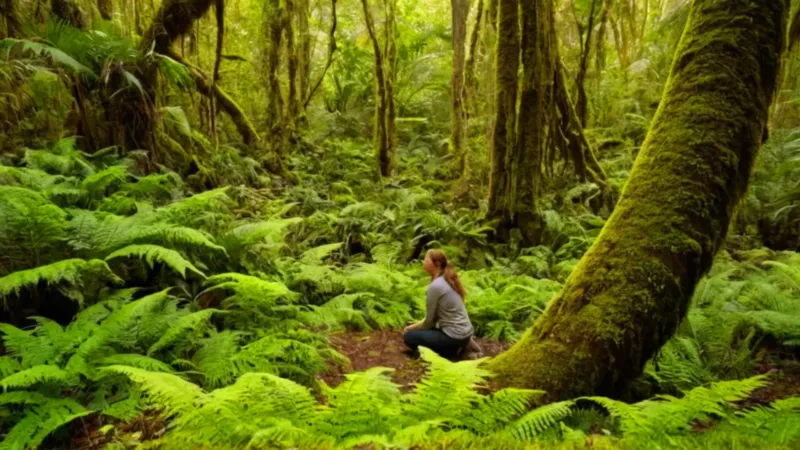 Explorador examina flor exótica en la selva