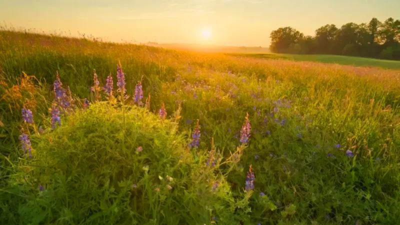 Figura arrodillada entre flores al atardecer