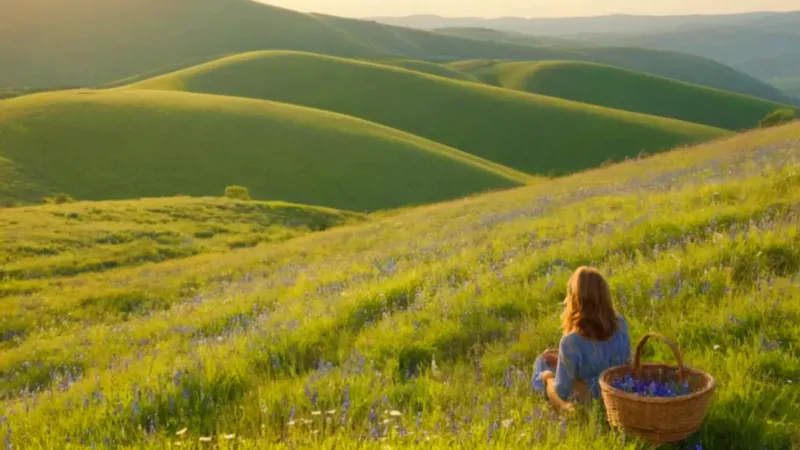 Alguien recoge flores en una ladera soleada