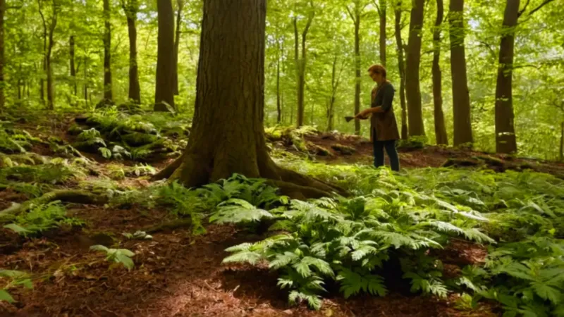 Una figura planta en el bosque iluminado