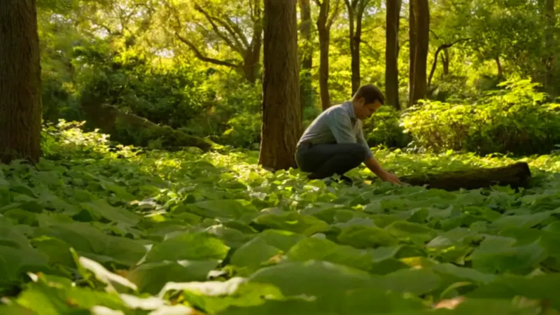 Persona examina una planta en el bosque