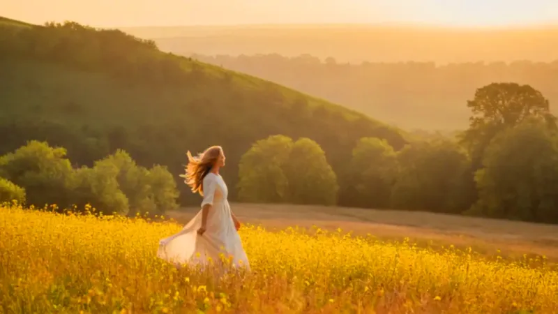 Mujer en un campo de luz dorada