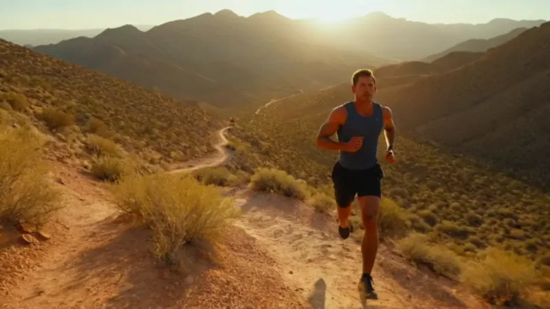 Hombre corre en la montaña al atardecer